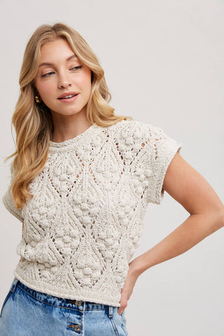 KNIT SWEATER SHORT SLEEVED PULLOVER: NATURAL / L