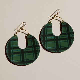 Evergreen Tartan Leo Leather Statement Hoop Earrings: Silver