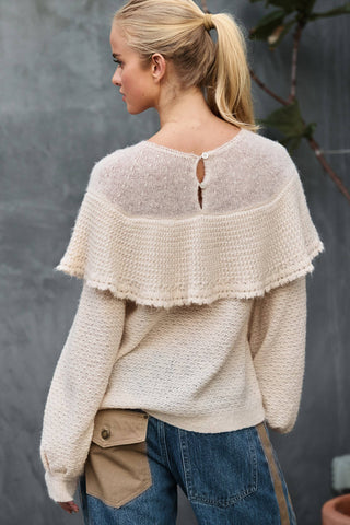 Ruffle Yoke Blouson Sleeve Knit Sweater: NATURAL / S-M-L:2-2-2