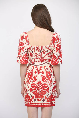 TROPICAL PRINT LINEN BLEND SASH TIE MINI DRESS FD30609: IVORY / RED / L