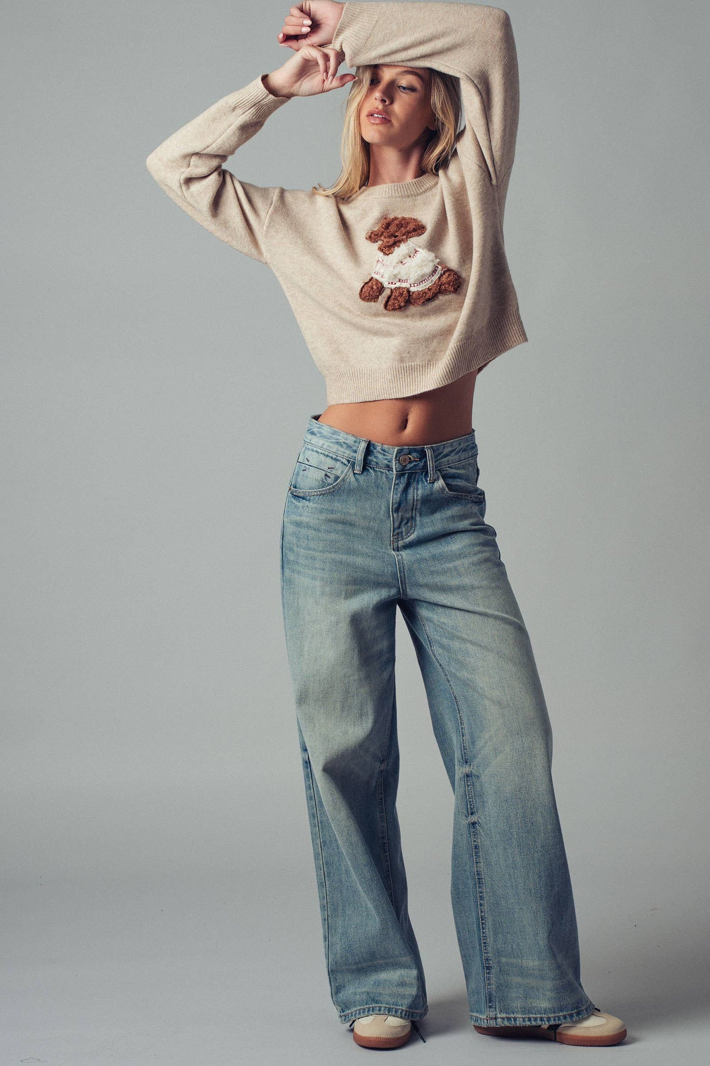 Whimsical Puppy Applique Knit Sweater: NAVY / S/M-3:M/L-3