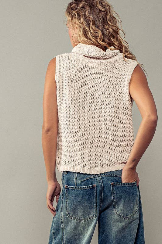 Taylor Sleeveless Cowl Neck Crochet Top: CREAM
