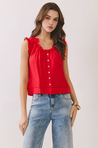 CT9933-Lace Trim Button Front Sleeveless Blouse: Blue / L