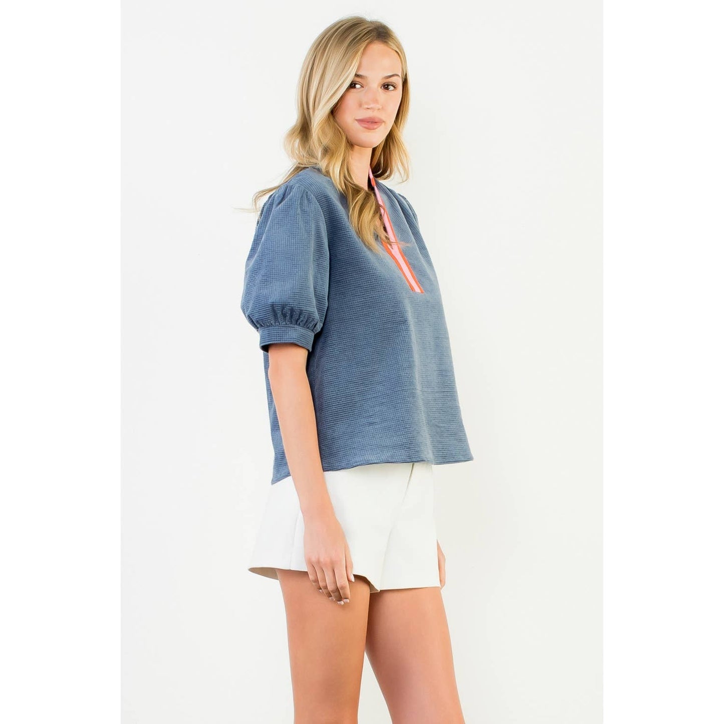 Breckan Puff Sleeve Textured V-Neck Top
