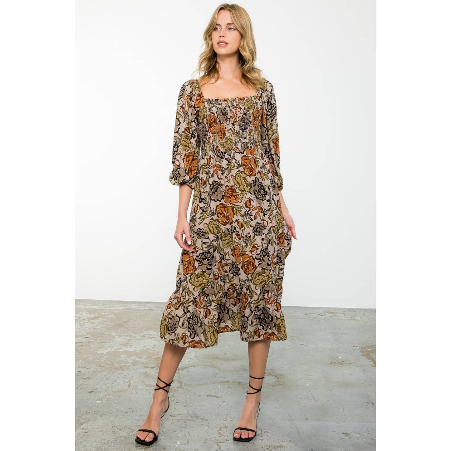 Balloon Sleeve Smocked Floral Print Maxi Dress: TAUPE / XS-S-M-L(1-2-2-1)