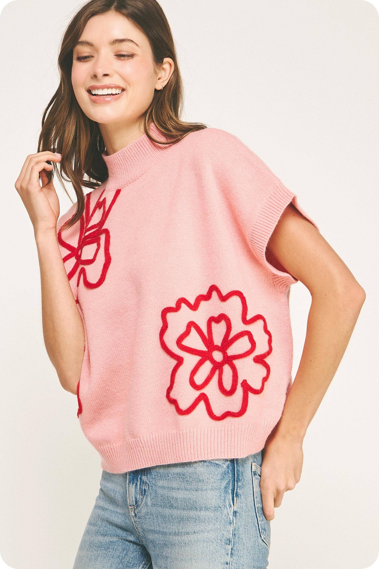 Claire Floral Embroidered Knit Top: Pink