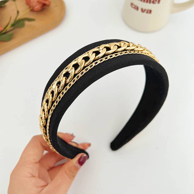 Gold Metal Chain Link Headband: Black/Olive/Gray/Cream