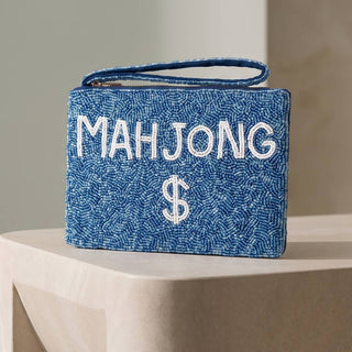 Mahjong Money Beaded Zip Pouch: BLUE