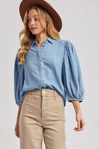 DENIM BUTTON DOWN PUFF SLEEVED SHIRT: LT.WASH / M