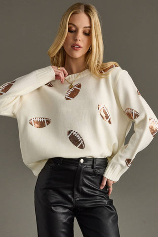 Touchdown Sequin Football Sweater: Cream