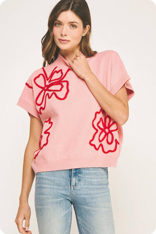 Claire Floral Embroidered Knit Top: Pink
