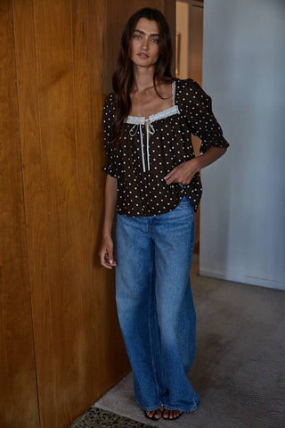 L9005 | Woven Rayon Polyester Polka Dot Top: Dark Brown / L