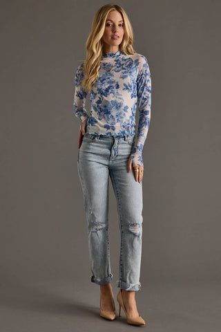 Blue & White Floral Mesh Top
