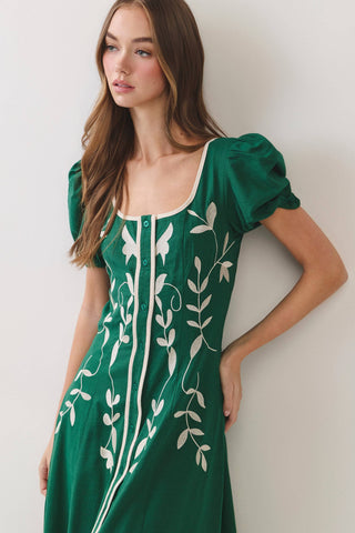 CD07454-Embroidered Puff Sleeve Midi Dress: Green / M