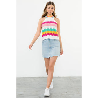 Cream Sleeveless Halter Knit Top with Color Stripe Detail: CREAM