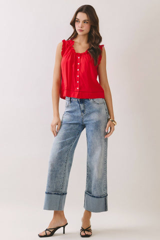 CT9933-Lace Trim Button Front Sleeveless Blouse: Blue / L