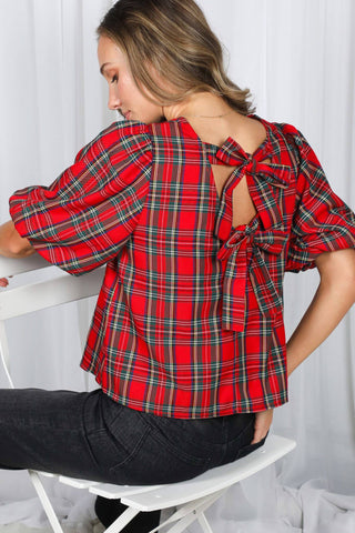 V-Back 2 Bow Accent Feminine Plaid Blouse Top VT82621A: Hunter Green / S