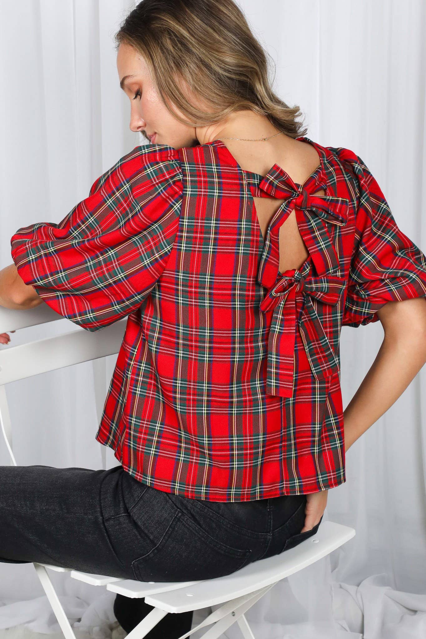 Gwyneth Bow Detail Top: Plaid