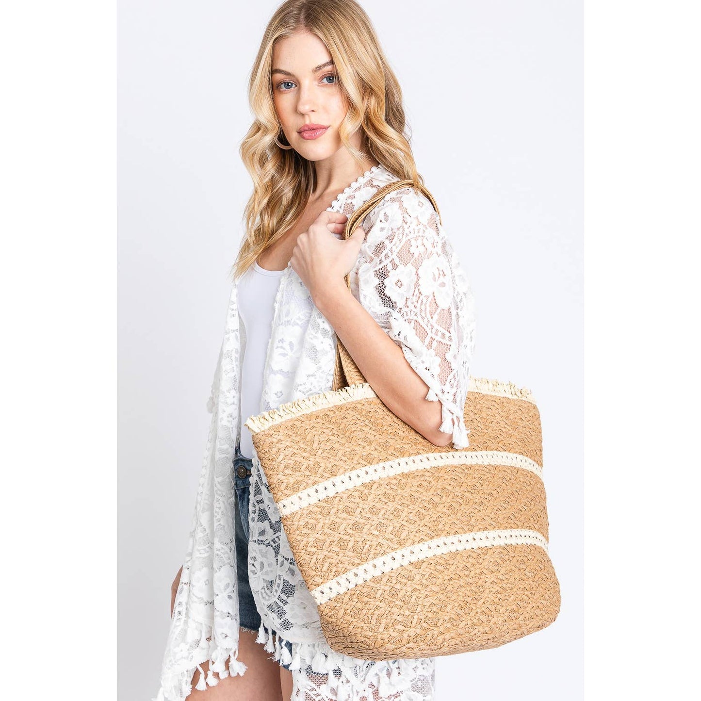 Lizzie Striped Detail Frayed Straw Bag: