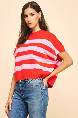 STRIPE SWEATER VEST - 4739WA: ORANGE/WHITE / M