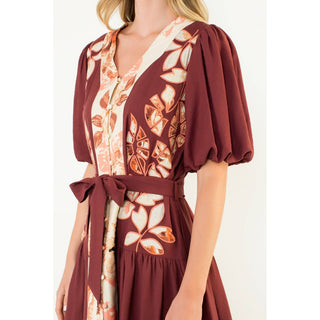Puff Sleeve Button Up Dress: BURGUNDY / XS-S-M-L(1-2-2-1)