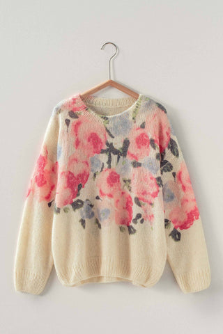 Oversized Floral Print Soft Knit Sweater: CREAM MULTI / SM-ML (3-3)