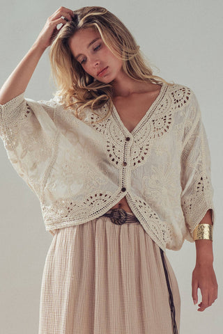 Floral Embroidered Lace Button Front Top: NATURAL