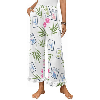 Mahjong Ruffle Pajama Pants | Soft Lounge Pants PJS Palm: White / 2XL