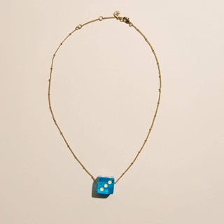 Aqua Blue Dice Charm Necklace: Gold