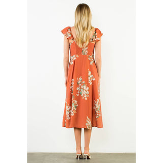 Ruffled Floral Dress: ORANGE / XS-S-M-L(1-2-2-1)