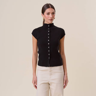 AT3135 Button mockneck short sleeve knit top: Oatmeal / M