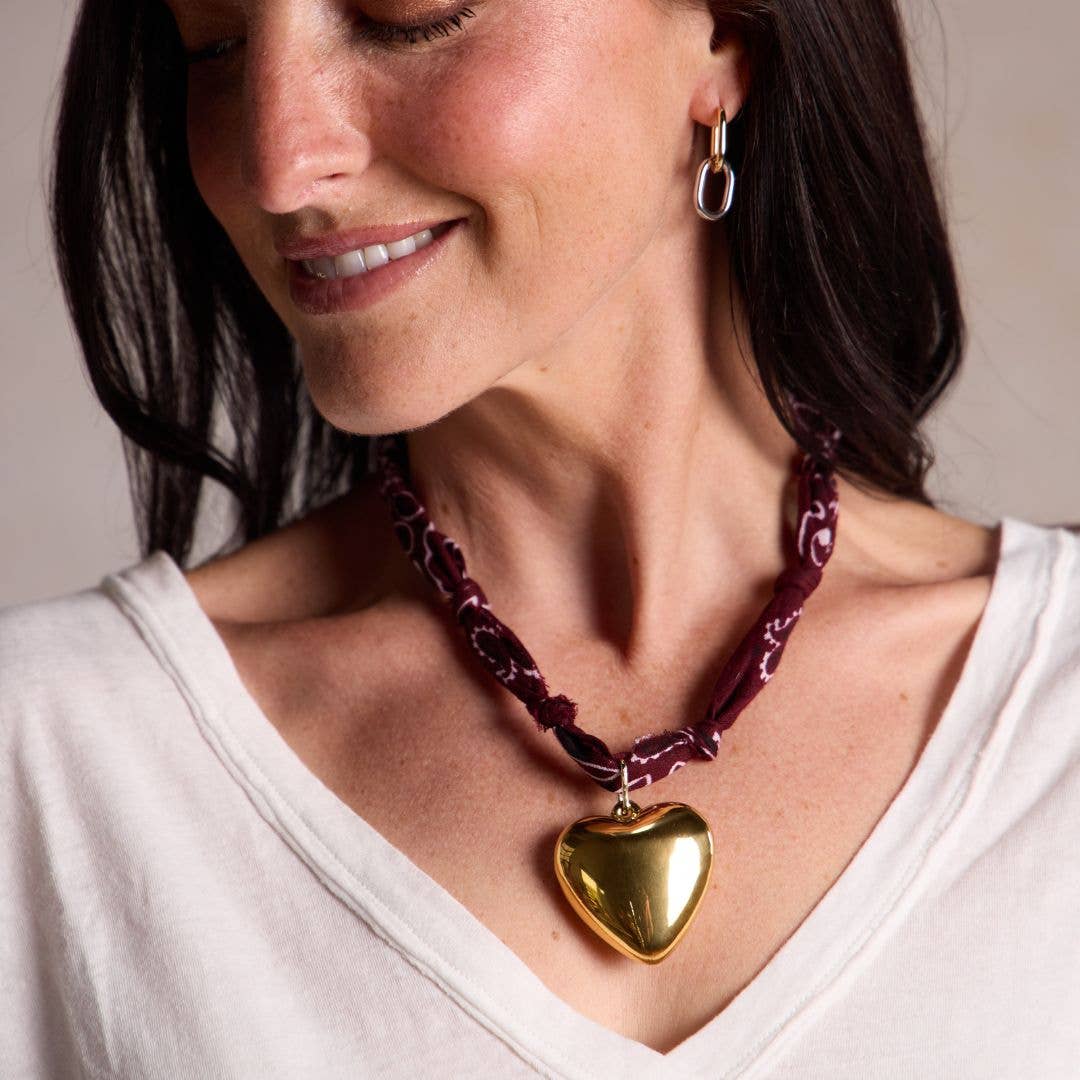 Burgundy Bandana Necklace: Clear Acrylic Heart Charm - Gold / Burgundy