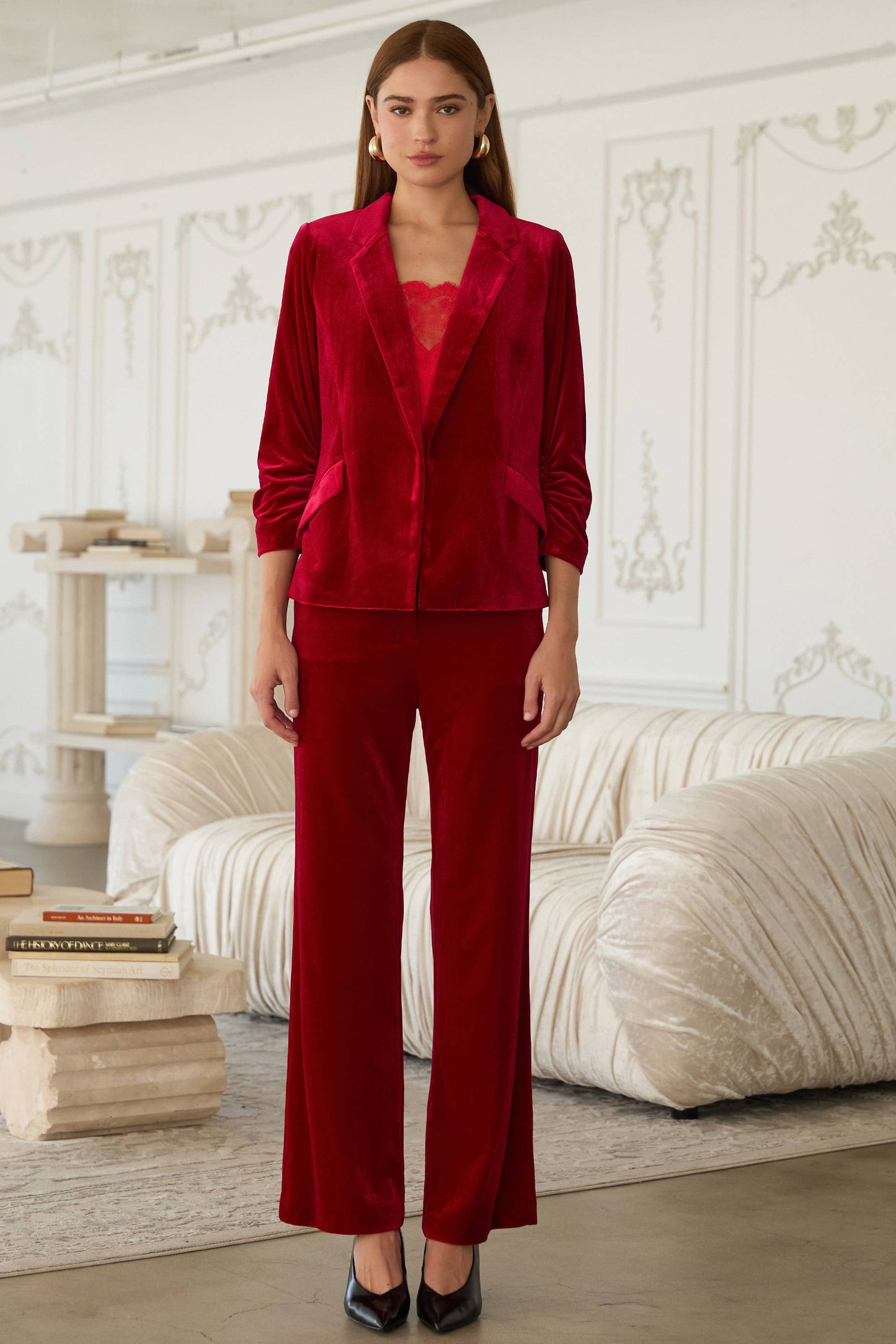 Velvet Blazer with Ruched Sleeves: Red / M