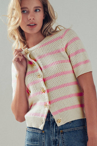 Retro  Striped Textured Knit Button-Up Top: Mocha / S-M-L:2-2-2