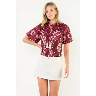 Short Sleeve Print Tie Tassel Top: PURPLE / XS-S-M-L(1-2-2-1)