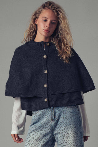 Chloe Button-Front Sweater Cape: CHARCOAL