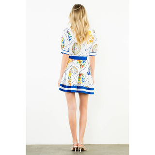 Button Fruit Print Dress With Tie Waist: CREAM / XS-S-M-L(1-2-2-1)
