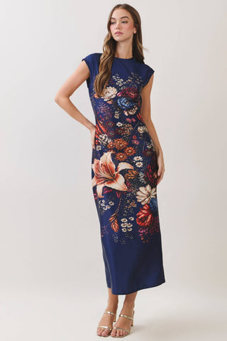 CD07530-Floral Print Satin Column Maxi Dress: NAVY / L