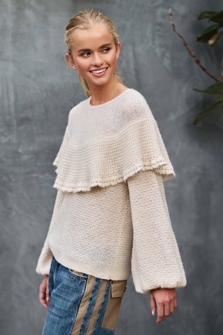 Ruffle Yoke Blouson Sleeve Knit Sweater: NATURAL / S-M-L:2-2-2