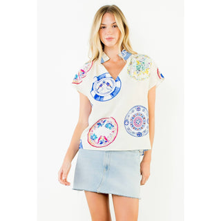 Lightweight Sleeveless Printed Top: CREAM / XS-S-M-L(1-2-2-1)