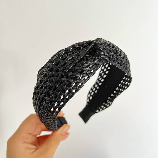 Woven Straw Twist Knot Headband: Black