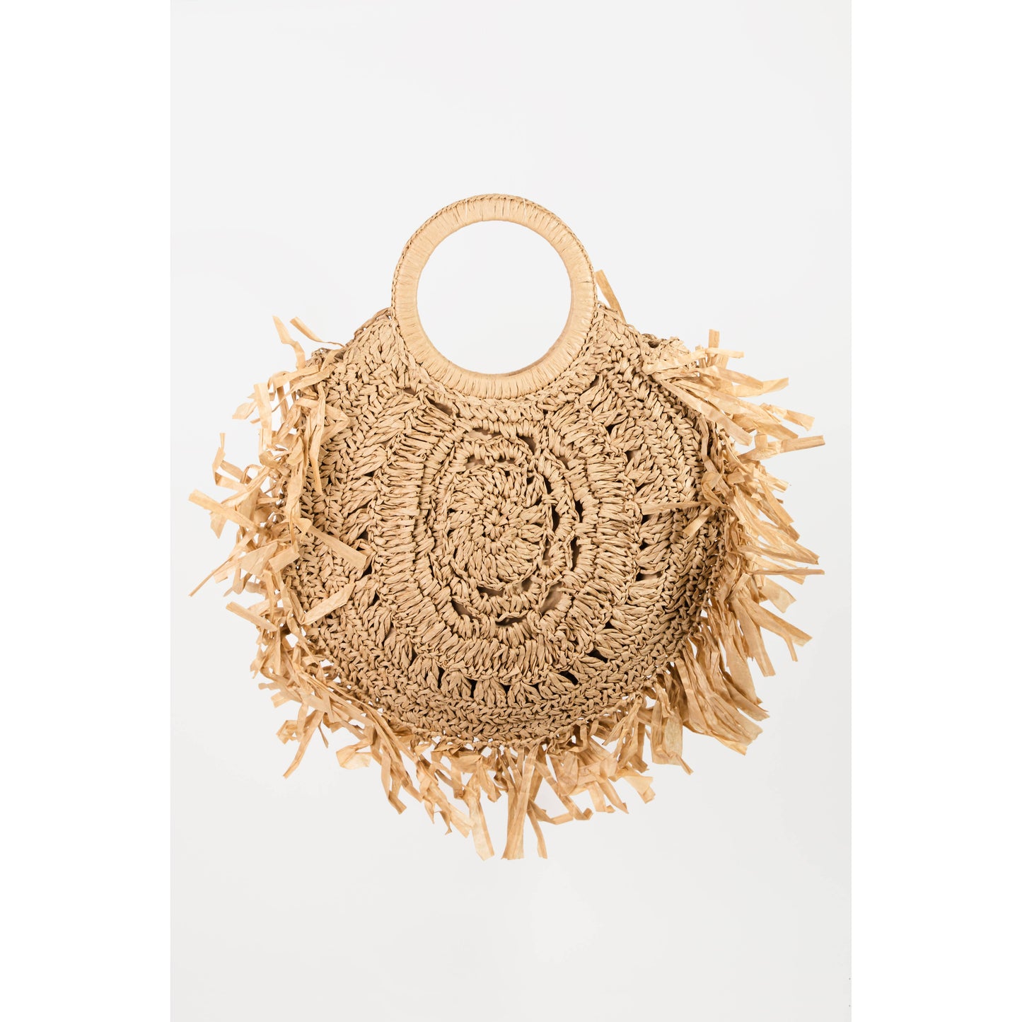 Round Straw Braided Fringe Bag: Ivory