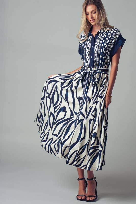 Abstract Print Button-Down Midi Dress: NAVY / S-2/M-2/L-2