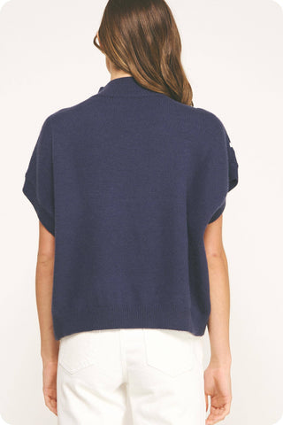 Claire Floral Embroidered Knit Top: Navy