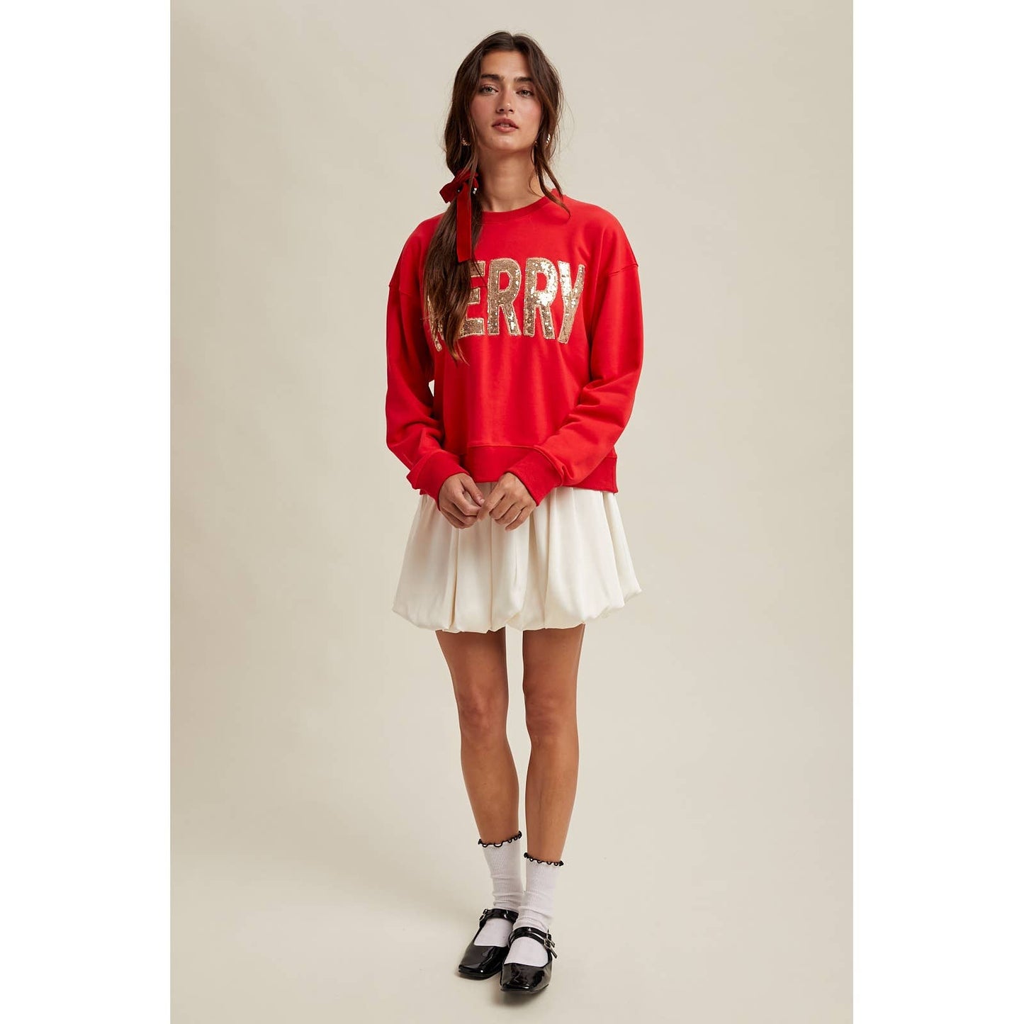 'MERRY' SEQUIN SWEATSHIRT / WL25-11086: GREEN/GOLD / M