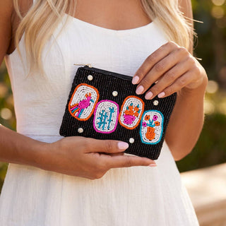 Folk Bird And Blooms Tile Beaded Coin Pouch: BLACK