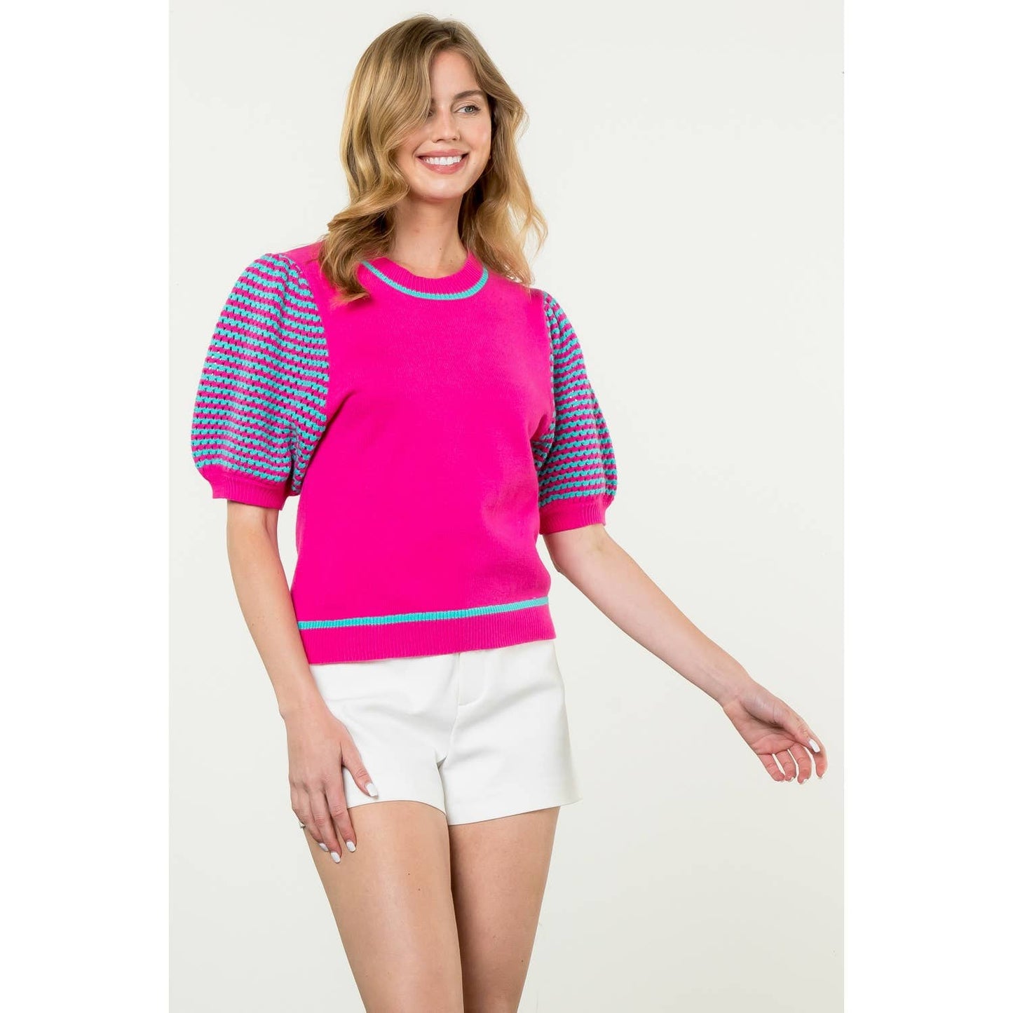 Knitted Puff Sleeve Top: MAGENTA