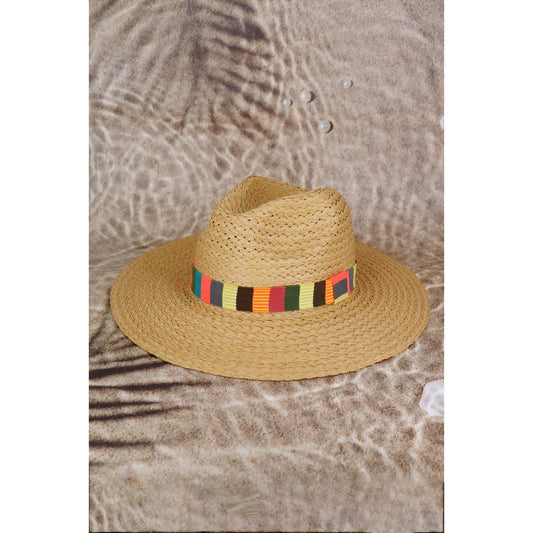 Multi Color Stripe Band Straw Hat: Taupe