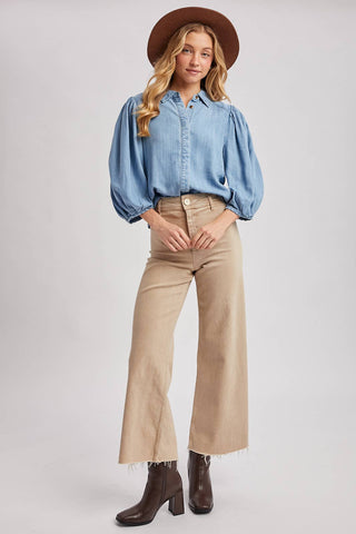 DENIM BUTTON DOWN PUFF SLEEVED SHIRT: LT.WASH / M