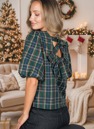 V-Back 2 Bow Accent Feminine Plaid Blouse Top VT82621A: Hunter Green / L